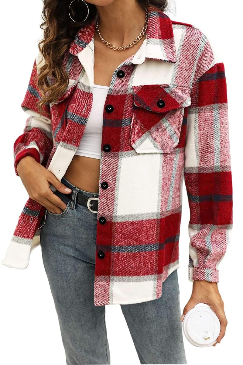 AUTOMET Womens Flannel Shackets Plaid Button Down Shirts Fall Winter Jackets Cute Tops Trendy Cowgirl Outfits Teen Sweaters