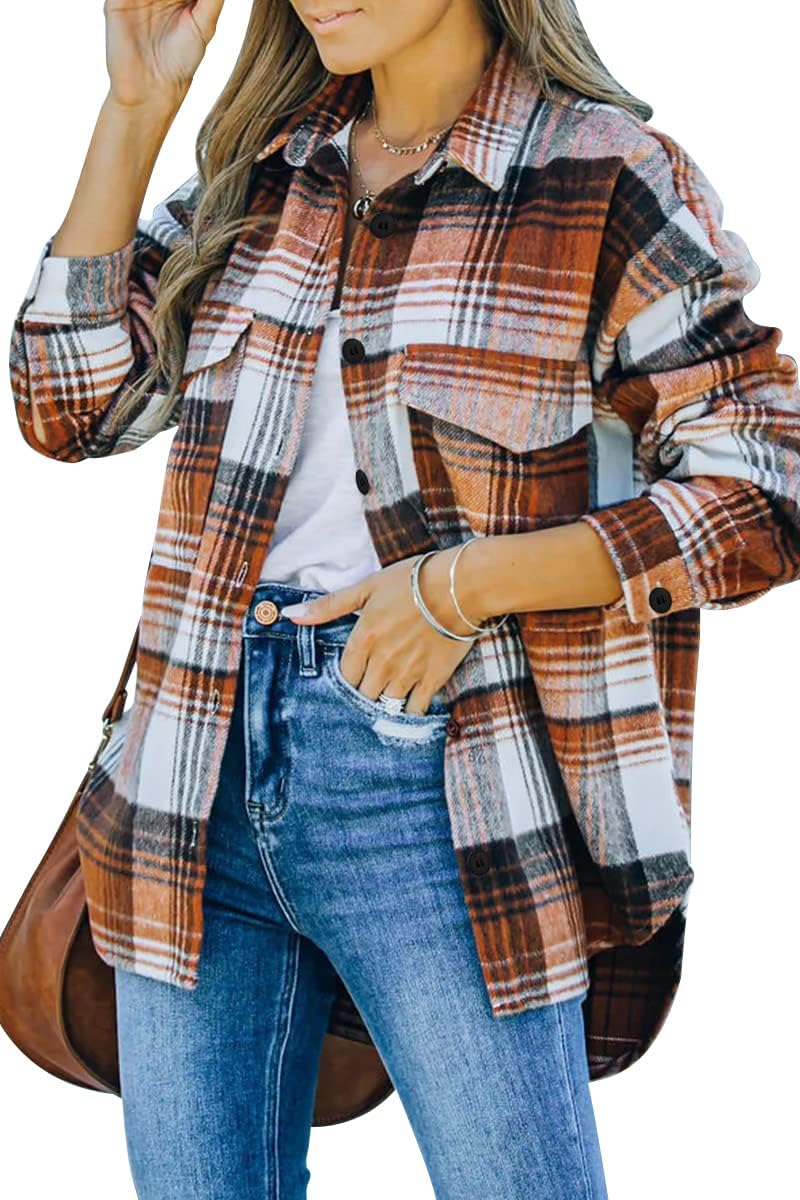 AUTOMET Womens Flannel Shackets Plaid Button Down Shirts Fall Winter Jackets Cute Tops Trendy Cowgirl Outfits Teen Sweaters